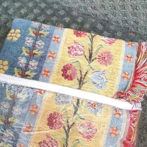 100%  cotton woven throw blanket Belgium NEW Nip Floral  blue yellow Ross Simons